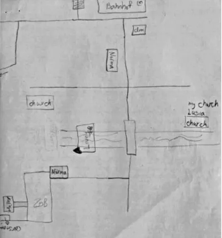 Fig. 4.4  Sketch map by a Protestant Iranian woman with accurate spatial information of the town  centre