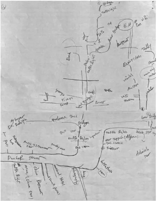 Fig. 4.5  Section of the sketch map by a woman from Iran with detailed information along the bus  route and on the town centre