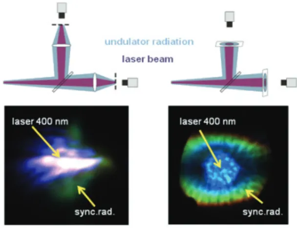 Figure 6: Transverse laser-electron overlap observed in the undulator (left) and on downstream screens (right).