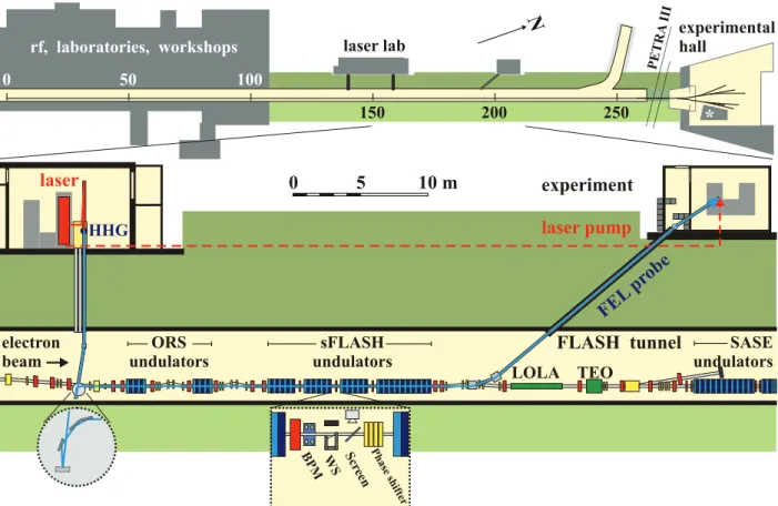 Figure 1: Schematic of the sFLASH experiment as part of the FLASH facility. FLASH (top part) has an overall tunnel length of 260 m, out of which 40 m are dedicated to the XUV seeding experiment (bottom part)