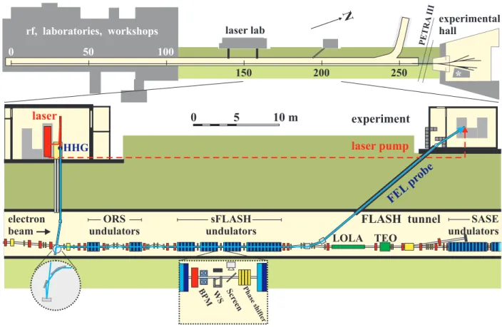 Figure 1: The FLASH facility (top) comprises a 260 m long tunnel housing the linac and the SASE-undulators, followed by an experimental hall