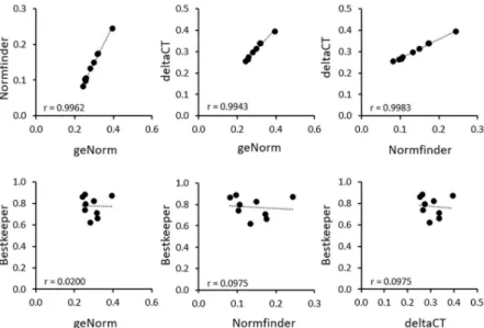 Fig 4. Correlation analysis of values for stability of the conducted algorithms for housekeeping gene assessment (geNorm, NormFinder, BestKeeper, comparative ΔC q )