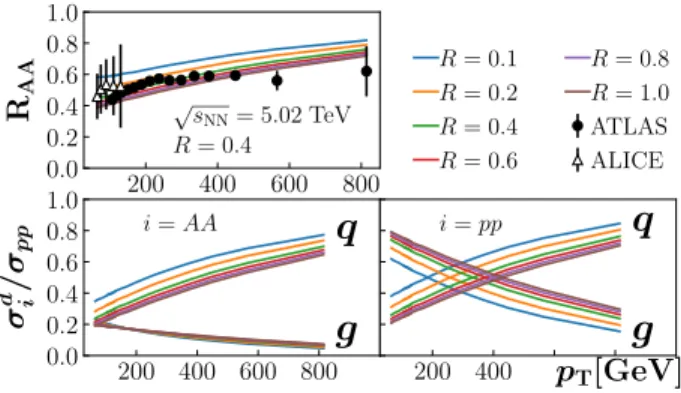 FIG. 4. The dependence of the R jet AA at p ﬃﬃﬃﬃﬃﬃﬃﬃ s NN ¼ 5 . 02 TeV on (upper panel) the jet radius R, and quark and gluon jet contributions σ di = σ pp with d ¼ q, g — see Eq