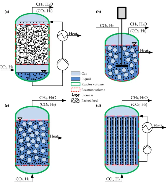Figure 2. Schematic flow diagram of a trickle-bed reactor TBR (a), a continuous stirred tank reactor  CSTR (b), a bubble column reactor BCR (c) and a membrane reactor MR (d) for biological  methanation