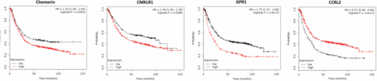 Figure 5) and also higher tissue expression of CMKLR1 and GPR1 significantly decreased OS of  gastric cancer patients (p = 0.0085 or p = 1.7 × 10 −7 , respectively)