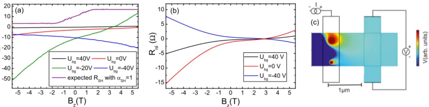 FIG. 6. (a) Nonlocal resistance in the inverse spin Hall effect geometry at different back gate voltages