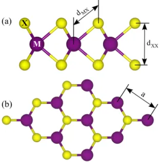 FIG. 2. Geometry of a TMDC monolayer with general structure MX 2 , where M is the transition metal (Mo, W) and X is the  chalco-gen atom (S, Se)