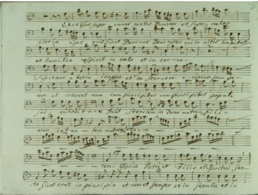 Abbildung 9.3:   D-Rtt, Riepel 23, S. 28 (Autograph): Stimme »Basso«, aus Laudate pueri (Ps 111)