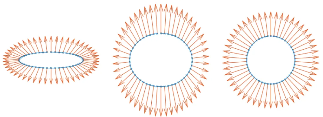 Figure A.2: Without constraints the generalized Helfrich flow evolves an ellipse into a circle and the vector field to the normal.