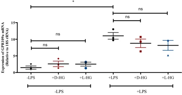 Figure  4.13.  Effect  of  HG  on  GPR109a  expression.  RNA  expression  was  analyzed  in  iDCs  treated with or without 10mM D/L-HG for 24hrs and in DCs stimulated for 24hrs with LPS in the  presence or absence of 10mM D/L-HG