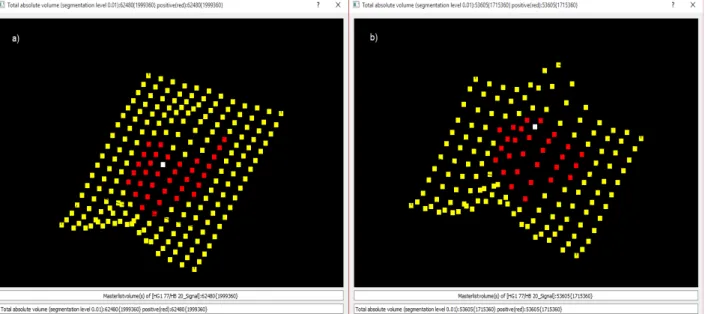 Abb. 14: Integration mit und ohne adaptive Ermittlung der Integrationsbereiche. Die roten Pixel  stellen jeweils das Volumen des NMR-Signals dar