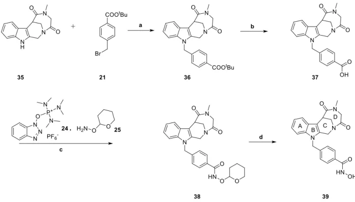 Abb. 3.8. Synthese des HDACi 39 mit homologer Hydantoin-Partialstruktur. Reagenzien und Bedingungen: (a)  (1) 35, DMF, Ar, NaH (1,1 eq), 0 °C, 15 min; (2) tert-Butyl 4-(brommethyl)benzoat (21, 1,2 eq), RT., 1 Std; (b)  TFA,  RT.,  15 min;  (c)  DMF,  BOP  
