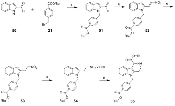 Abb. 3.10. Synthese des Intermediates 55 für die Kopfgruppen 4 und 5. Reagenzien und Bedingungen: (a) DMF,  NaH,  tert-Butyl  4-(brommethyl)benzoat  (21,  1 eq),  RT.,  1 Std;  (b)  NH 4 OAc,  CH 3 NO 2 ,  N 2 ,  Reflux,  10 Std;  (c)  CHCl 3 ,  i Prop., N