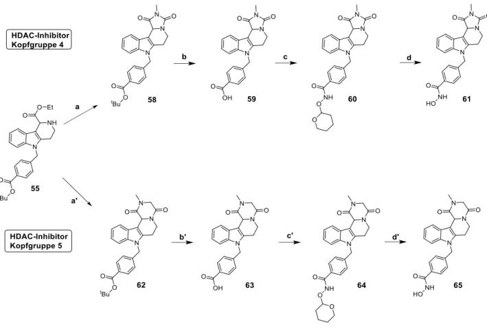 Abb. 3.12. Synthese der  HDACi  mit Kopfgruppen  4 und  5. Reagenzien  und Bedingungen: (a) MeCN, DIPEA  (3,5 eq),  2,5-Dioxopyrrolidin-1-yl  methylcarbamat  (1,1 eq),  RT.,  16 Std;  (b)  TFA,  RT.;  (c)  DMF,  BOP  (24,  1,2 eq), NH 2 OTHP (25, 4 eq) Et 
