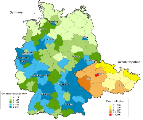 Figure 4.1: Regional distribution of German headquarters and Czech affiliates (total FDI projects) 