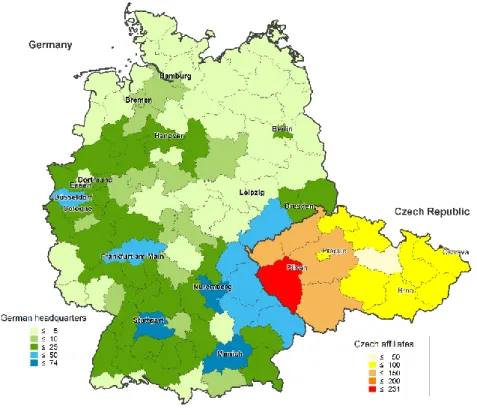 Figure 4.3: Regional distribution of German headquarters and Czech affiliates (services FDI) 