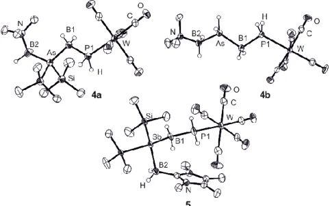 Figure  2:  Molecular  structure  of  4a,  4b  and  5  in  the  solid  state.  Hydrogen  atoms  bonded  to  carbon  atoms are omitted for clarity