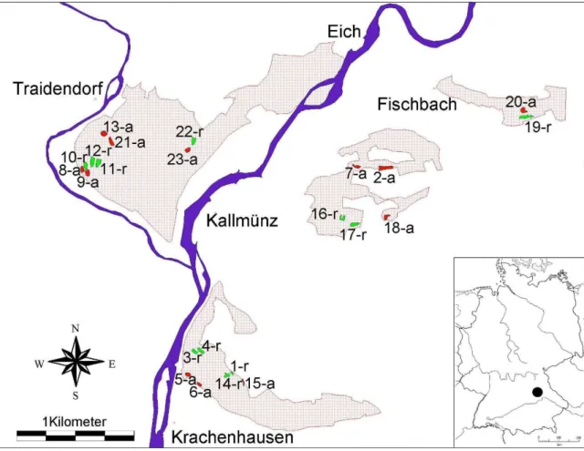Fig. 3.1. – Locations of investigated ancient (dark grey/red, ‘a’) and recent (grey/green, ‘r’) grasslands in the study area