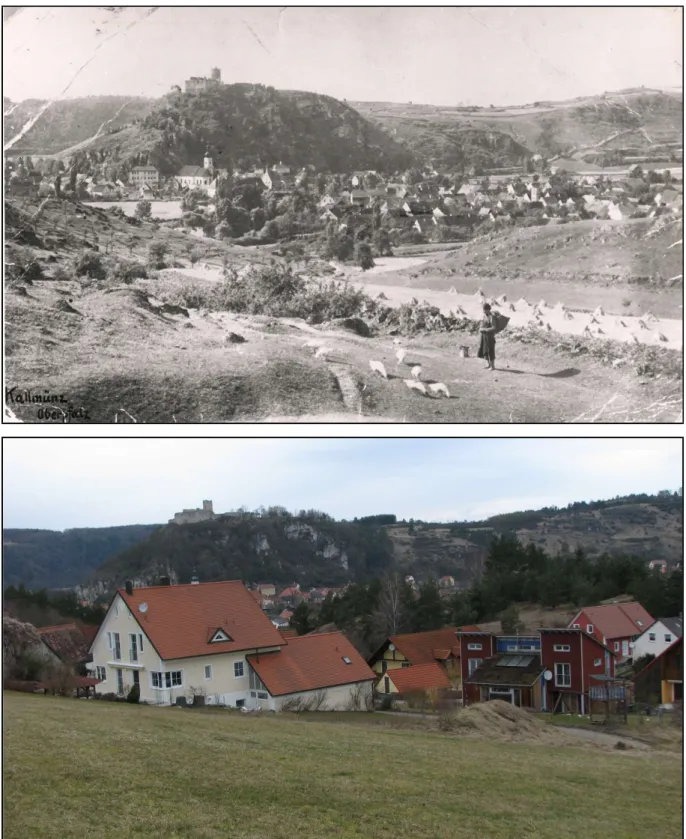 Fig. 1.1. and 1.2. – View from Strobelberg/Gänsleiten towards the castle in Kallmünz. The first photo comes from around  1920  (private  archive  Baptist  Lell)  and  shows  a  varied  landscape  utilization  including  goose  grazing  on  calcareous  gras