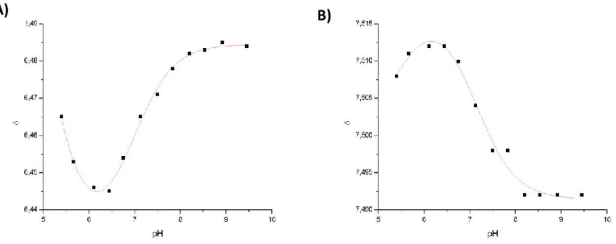 Abbildung 35: Shifts von (A) F738/B H δ  und (B) Y762/B H δ  gegen den pH aufgetragen und mit Formel 3 gefittet 