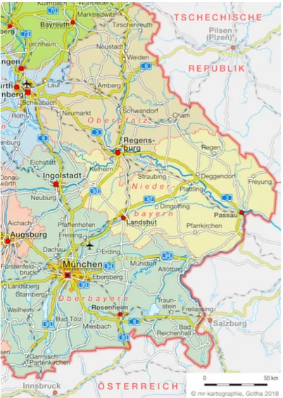 Abbildung 3: Die Region Ostbayern, Überblick über die Verkehrsinfrastruktur, Quelle: mr-kartographie, Gotha, 2018 