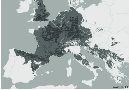 FIGURE 3.1  Distribution Model  of  Hippocrepis comosa in Europe  based on current climate data