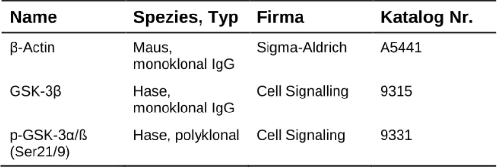 Tabelle 2-6: Name, Spezies und Hersteller der verwendeten Antikörper für Western-Blot Analysen und  Immunfluoreszenzmikroskopie 