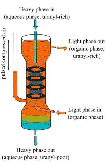 Figure 5. Schematic representation of a pulsed column. A typical extraction of uranyl by a pulsed column is shown