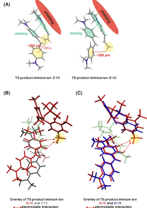 Figure  10.  Transition  states  of  iminium  ion  product  formation  and  their  intermolecular  interactions:  (A)  a  closer  distance  shows  a  stronger  CH-π  interaction  in  [E + - Z -1C] ‡ ;  (B) The  alignment  of  the  two  dienamines  subsyste