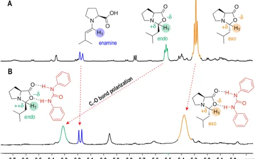 Figure 2. 1D  1 H NMR spectra of the reaction mixture of L-proline and 3-methylbutanal in  DMF-d 7  at 300 K without (A) and with DPU (B)