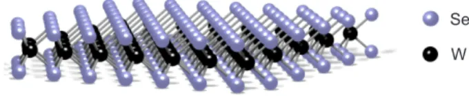 Abbildung 3.2: Schematische Darstellung einer WSe 2 -Monolage, bestehend aus zwei Atomlagen Selen (hellblaue Kugeln), zwischen denen eine Atomlage Wolfram (schwarze Kugeln) eingebettet ist.