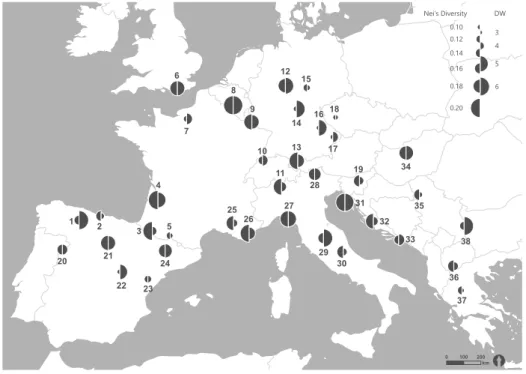 FIGURE 2.1  Nei’s gene diversity  (He) and  frequency-down-weight-ed marker values (DW) of  San-guisorba minor populations in  Eu-rope surveyed via AFLP
