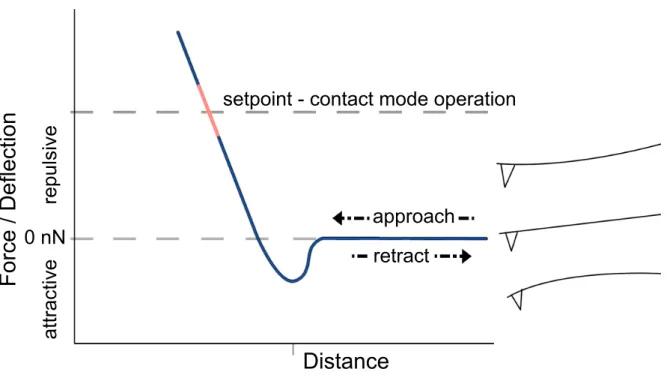 Figure 1.7: Force-distance curve with contact mode operation in repulsive region, showing cantilever deflection at each regime, adapted from [12]