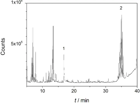 Figure 3.10: Pyrolysis-GC-MS recording corresponding to glass wool containing extracted parts of the sample; 1 phthalic acid (pyrolysis product), 2 bis(7-methyloctyl)phthalate