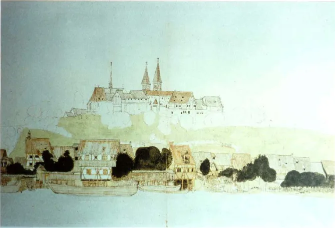 Abb. 1: Blick von der Regnitz zum Michaelsberg. Aquarellierte Zeichnung um  1470/75. 