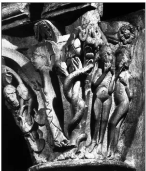 Abbildung 3: Cluny, Musée de  Farinier – Kapitell des  Chorum-gangs mit Sündenfall aus der  ehem