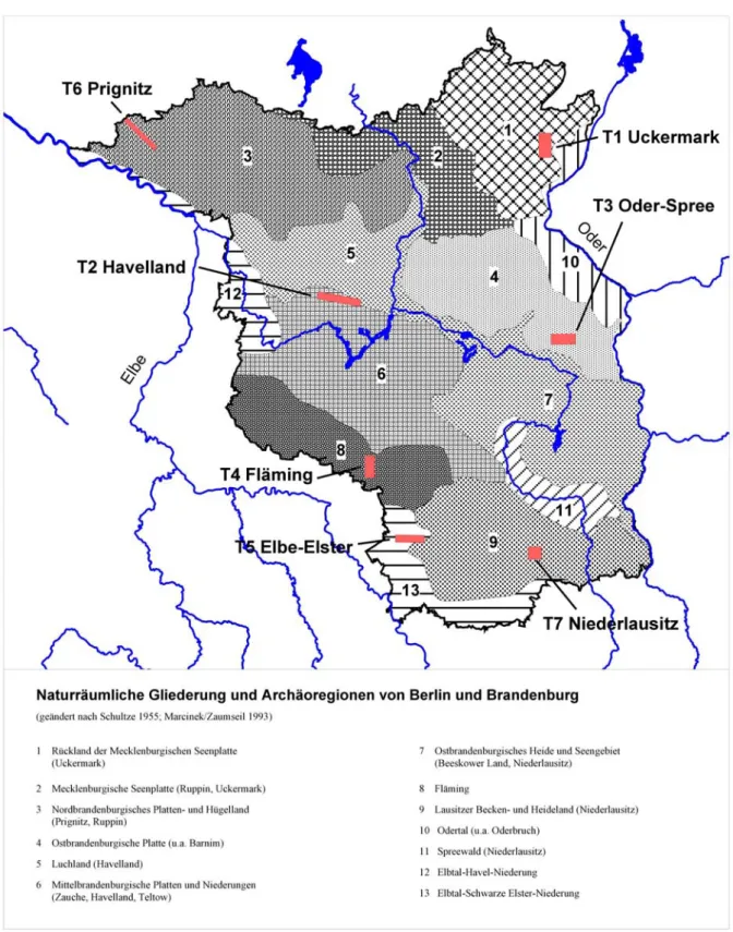 Abb. 4  Archäoregionen für das Land Brandenburg nach Marcinek/Zaumseil (1993) mit den Testgebieten  (Abbildung: M