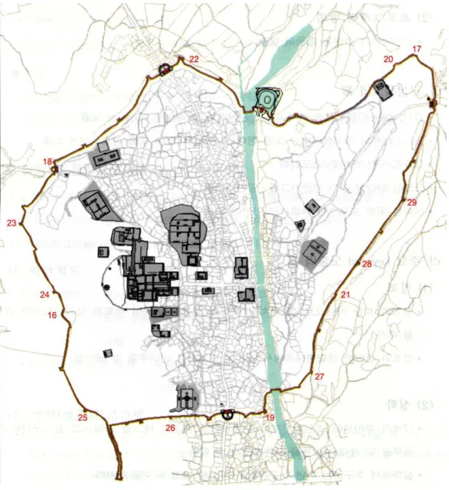 Abb. 1-15 Lage der Türme für die Bogenschützen, Türme mit Aufenthaltsräumen und  einfachen Bastionen der Hwaseong-Festung 