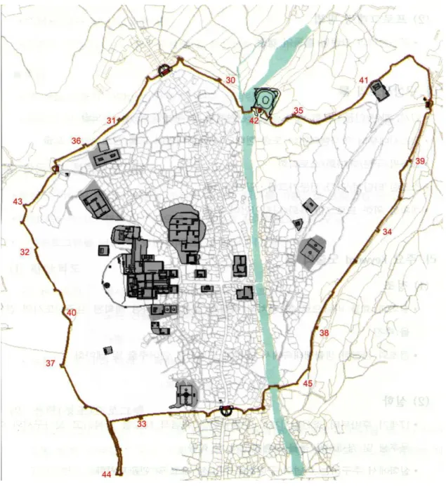 Abb. 1-16 Lage der Kanonentürme, Wachtürme, Pavillons der Generäle und  Eckpavillons der Hwaseong-Festung 