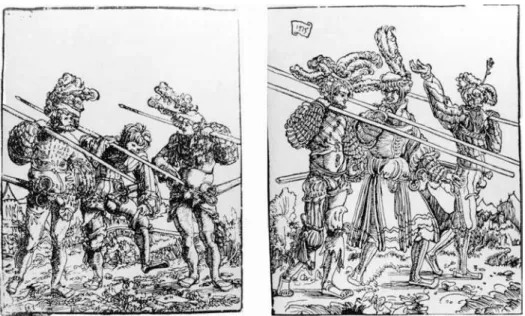 Abb. III.19. Wolf Huber: Drei  marschierende Landsknechte, 1515, Holzschnitt, Unikum, 212 x 169 mm, Kunsthalle Basel  Abb