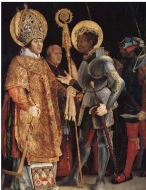 Abb. IV.7. Matthias Grünewald: Die Heiligen Erasmus und Mauritius, 1521-1524,   Öl auf Lindenholz, Alte Pinakothek München, Inv.-nr
