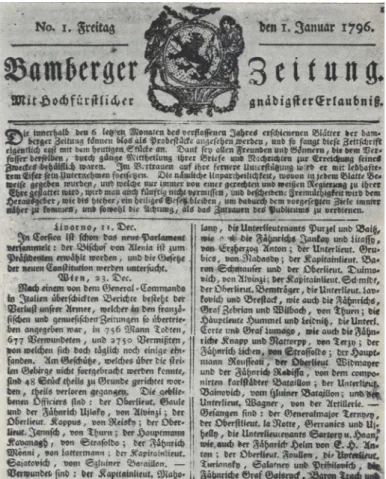Abb. 6: Titelblatt der ersten regulären Ausgabe  der Bamberger Zeitung vom 1. Januar 1796