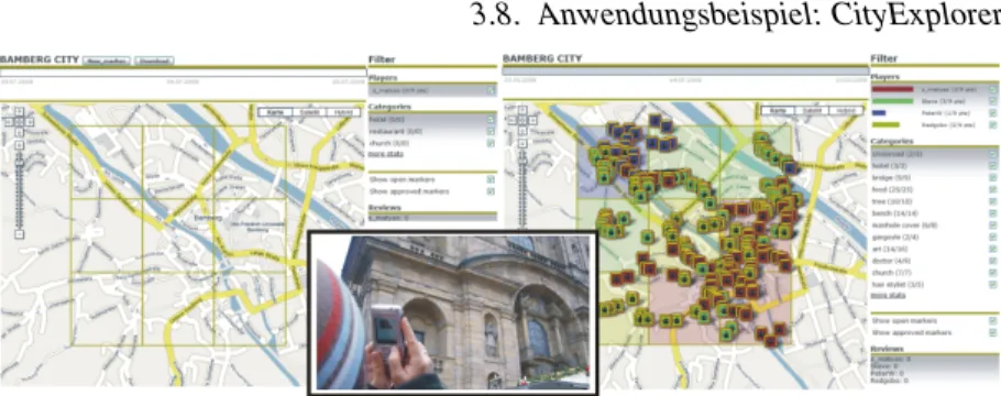 Abbildung 3.9.: Die drei Spielphasen in CityExplorer: Kategorien festlegen, Spielsteine setzen und Endabrechnung, c  Karte: Google Maps (http://maps.google.de/).