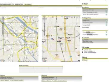 Abbildung 3.11.: Screendesign f¨ur ein verteiltes CityExplorer Spiel, c  Kar- Kar-te: Google Maps (http://maps.google.de/).