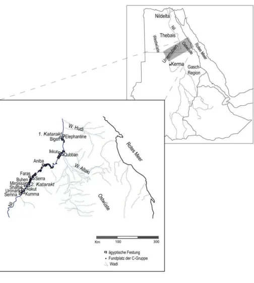 Abb. 1: Ägyptische Festungen in Unternubien während des  Mittleren Reiches und Fundplätze der C-Gruppe (nach W