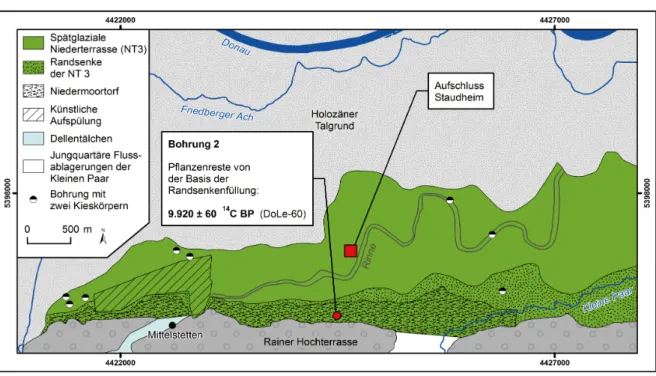 Abb. 8: Die spätwürmzeitliche Niederterrasse (NT 3) im Donautal unterhalb der Lechmündung