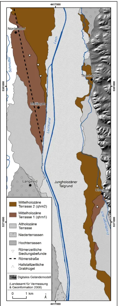 Abb. 17: Die mittelholozänen  Terrassen (qhm1 und qhm2)  im südlichen Abschnitt des  Untersuchungsgebietes