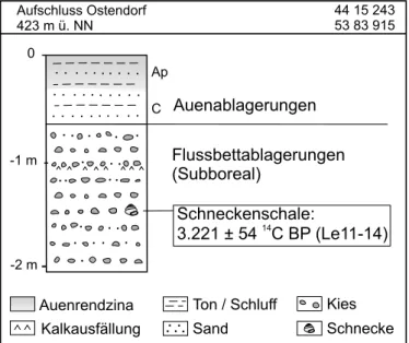 Abb. 19: Aufschlussprofil in der  Kiesgrube Ostendorf auf der  subborealen Terrasse (qhm2).