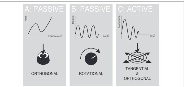 FIGURE 3  |  Characteristic haptic curves of a (A) passive haptic orthogonal, (B) a passive haptic rotational, and (C) an active haptic feedback system.