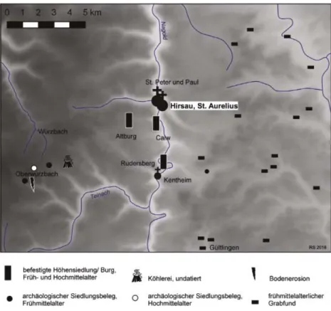 Abb. 5.  Kloster Hirsau: Der  Klosterstandort ist von der mit  frühmittelalterlichen  Gräberfel-dern besetzten Gäulandschaft  abgesetzt, doch keineswegs in  einer Abgeschiedenheit, wie viele  früh- und hochmittelalterliche  Fundstellen erkennen lassen  (Gr